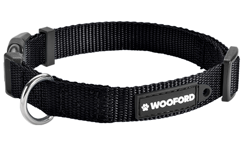 Black adjustable dog collar, sturdy silver D-ring metal to attach a dog tag, comfortable and durable lightweight nylon.