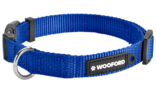 Blue adjustable dog collar, sturdy silver D-ring metal to attach a dog tag, comfortable and durable lightweight nylon.