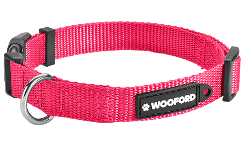 Pink adjustable dog collar, sturdy silver D-ring metal to attach a dog tag, comfortable and durable lightweight nylon.