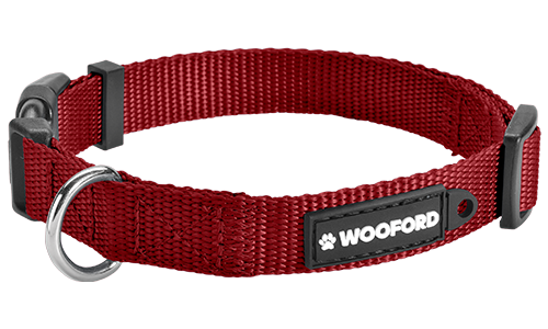 Red adjustable dog collar, sturdy silver D-ring metal to attach a dog tag, comfortable and durable lightweight nylon.