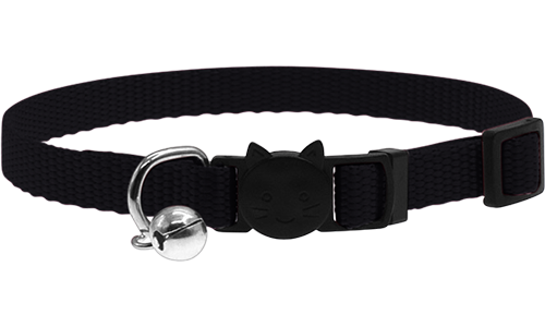 Adjustable breakaway cat collar in black, lightweight, with a safety buckle with cat design and a small silver bell.