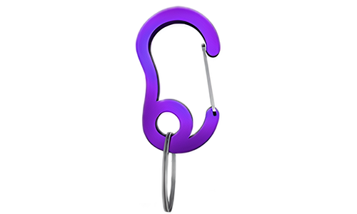 Purple snap hook carabiner with small split ring, durable, 16mm x 27mm, for securing dog tags or accessories to collars.