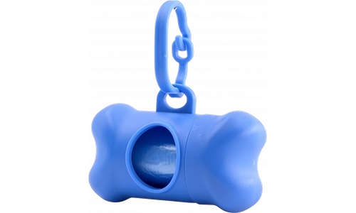 Blue bone-shaped dog poop bag dispenser, convenient for dog owners. Easily attaches to leashes for quick access to bags.