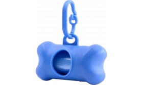 Blue bone-shaped dog poop bag dispenser, convenient for dog owners. Easily attaches to leashes for quick access to bags.