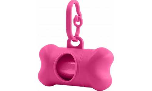 Pink bone-shaped dog poop bag dispenser, convenient for dog owners. Easily attaches to leashes for quick access to bags.