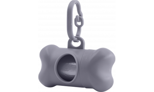Grey bone-shaped dog poop bag dispenser, convenient for dog owners. Easily attaches to leashes for quick access to bags.