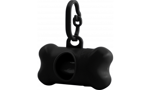 Black bone-shaped dog poop bag dispenser, convenient for dog owners. Easily attaches to leashes for quick access to bags.