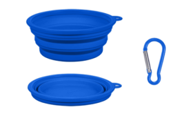 Blue collapsible dog bowl, 350ml capacity, compact and travel-friendly. Foldable for easy portability and cleaning.