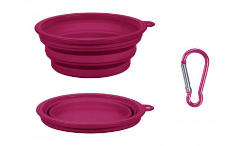 Pink collapsible dog bowl, 350ml capacity, compact and travel-friendly. Foldable for easy portability and cleaning.