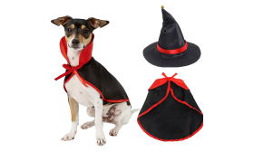 Dog vampire costume in black and red, made of satin cloth material, lightweight, durable and adjustable.