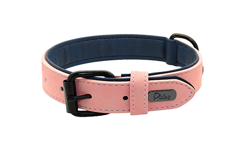 Light pink luxury velvet dog collar, 35-37cm length and 1.7cm width, featuring a black metal buckle and D-ring for leash.
