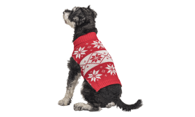 Printed Winter Sweater for Dogs Red winter sweater for dogs with white snowflake pattern, washable, keeping your dog warm and comfortable.