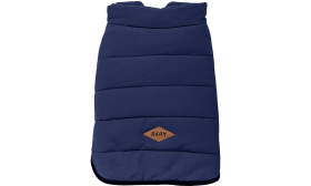 Navy blue windproof dog winter vest, comfortable fit, made of polyester for warmth and protection in cold weather.