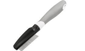 Dog and Cat Flea Comb Dog and cat flea comb with fine metal teeth and a ergonomic handle, designed to remove fleas and debris from pet fur.