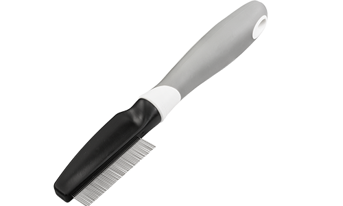 Dog and Cat Flea Comb Dog and cat flea comb with fine metal teeth and a ergonomic handle, designed to remove fleas and debris from pet fur.