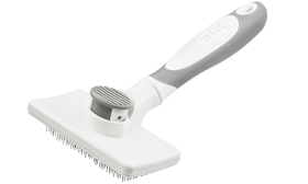 Self-cleaning dog and cat slicker brush with retractable bristles, with a push-button mechanism for easy fur removal.