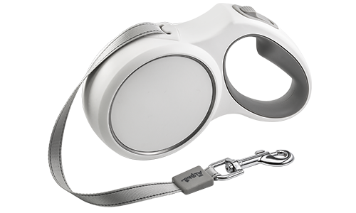 White retractable dog leash with ergonomic grey handle, extending up to 5 meters, with a sturdy clip for secure attachment.