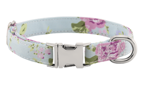Pastel floral-patterned dog collar with metal buckle for dog name engraving, 27 - 40cm in length and 1.5cm wide, with D-ring.