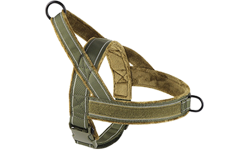 Green soft padded reflective dog harness with no-pull design, enhanced visibility with adjustable straps.