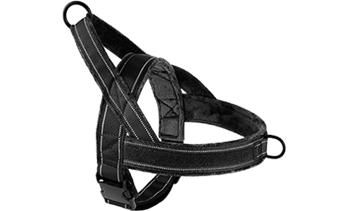 Black soft padded reflective dog harness with no-pull design, enhanced visibility with adjustable straps.