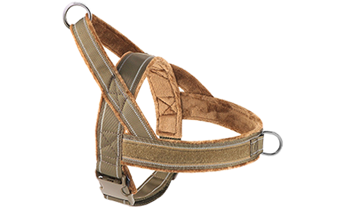 Brown soft padded reflective dog harness with no-pull design, enhanced visibility with adjustable straps.