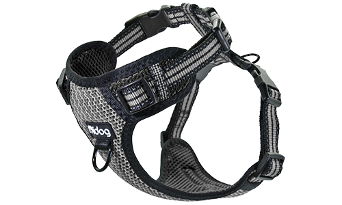 Stylish black breathable nylon dog harness with adjustable buckle and straps, perfect fit with quick-release buckles.