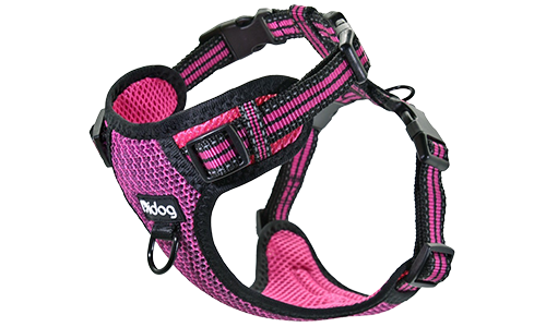 Stylish pink breathable nylon dog harness with adjustable buckle and straps, perfect fit with quick-release buckles.
