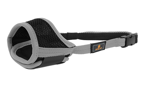 Soft padded adjustable dog muzzle in grey, lightweight nylon material, designed for comfort and secure fit.
