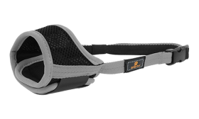 Soft padded adjustable dog muzzle in grey, lightweight nylon material, designed for comfort and secure fit.