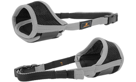 Soft padded adjustable dog muzzle in grey, lightweight nylon material, durable and easy to clean
