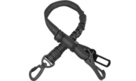 Reflective black safety seat belt dog leash, 55 - 65 cm length, adjustable strap, highly visible reflective material.