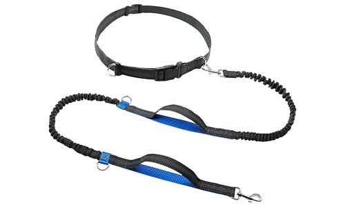 Blue hands free running retractable dog leash, 70 - 120 cm in length and 2.5cm width, adjustable belt, padded handles.