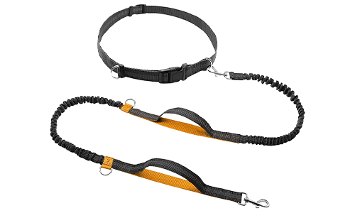 Orange hands free running retractable dog leash, 70 - 120 cm in length and 2.5cm width, adjustable belt, padded handles.