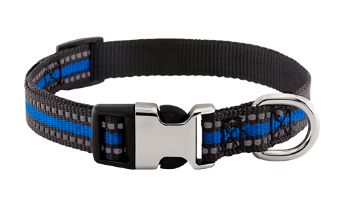 Reflective blue dog collar with adjustable metal buckle, 27-40cm in length and 1.5 cm wide, with D-ring for leash attachment.