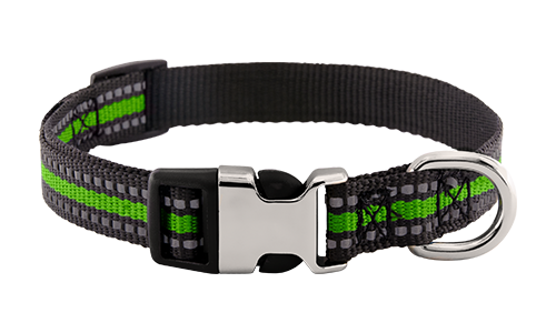 Reflective green dog collar with adjustable metal buckle, 27-40cm in length and 1.5cm wide, with D-ring for leash attachment.