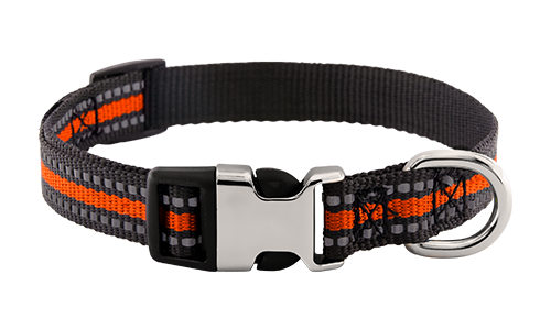 Reflective orange dog collar with adjustable metal buckle, 27-40cm in length and 1.5cm wide, D-ring for leash attachment.