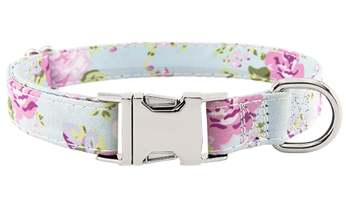 Pastel floral-patterned dog collar with adjustable metal buckle, 27 - 40cm in length and 2 cm wide, D-ring for attachment.