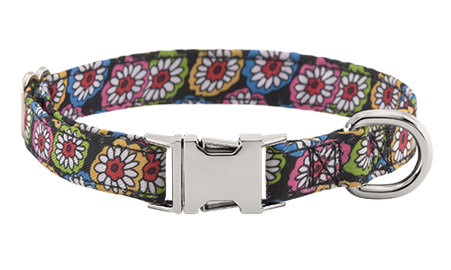 Colourful floral-patterned dog collar with adjustable metal buckle, 27 - 40cm in length and 2 cm wide, D-ring for attachment.