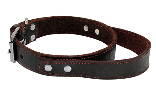 Brown genuine leather dog collar with quick-grab handle, durable and strong, with adjustable metal buckle.