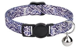 Bohemian Style Breakaway Cat Collar Bohemian-style breakaway cat collar with blue and white pattern, adjustable and lightweight, with silver bell.