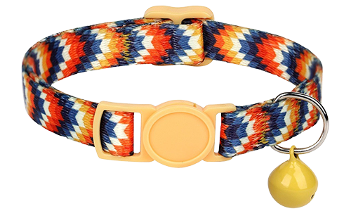 Vibrant breakaway yellow cat collar with zigzag pattern, adjustable and lightweight, with yellow buckle and matching bell.