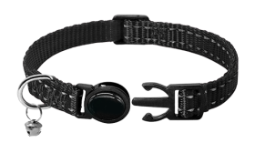 Reflective black breakaway cat collar, durable and strong, reflective and lightweight nylon material.
