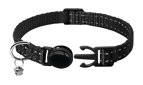 Reflective black breakaway cat collar, durable and strong, reflective and lightweight nylon material.