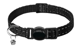 Reflective black breakaway cat collar, adjustable and lightweight for comfort, secure breakaway buckle and a bell.