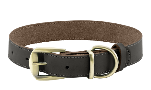 Luxury genuine leather dog collar in brown with gold adjustable buckle, durable and strong, D-ring for leash.