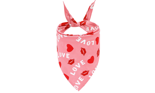 Pink dog bandana with 'LOVE' text, red hearts, and kiss marks, perfect for Valentine's day, machine and hand washable.