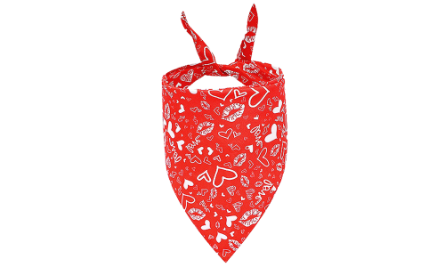 Red dog bandana with white heart and kiss patterns, perfect for Valentine's Day, machine and hand washable.