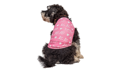 Dog wearing a pink Valentine's Day small vest with white heart and 'XOXO', designed as a festive and stylish pup outfit.