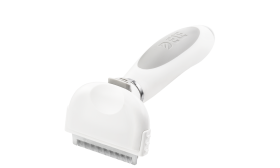 Dog and Cat Deshedding Brush Small white deshedding brush for dogs with fine metal teeth and ergonomic handle, to reduce shedding and remove loose fur.