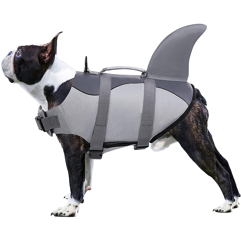 Shark Dog Life Jacket Shark-themed dog life jacket with secure straps, for safety and flotation. Suitable for different types of dogs.